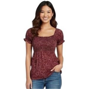 Hot Tempered Wine Oversized  Cap Sleeves Babydoll Top Ruched Circles Cute Top